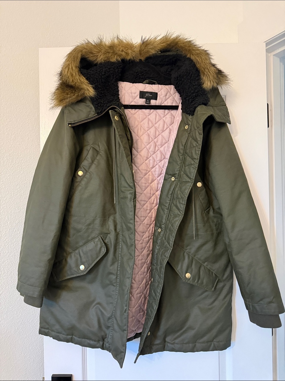 J. Crew Olive Green Hooded Perfect Parka with Quilted Lining and Faux Fur Trim